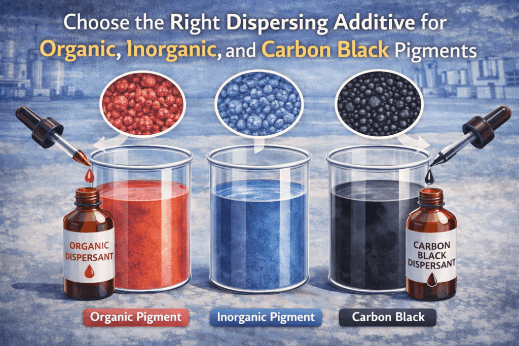 Three pigment types with dispersants shown.